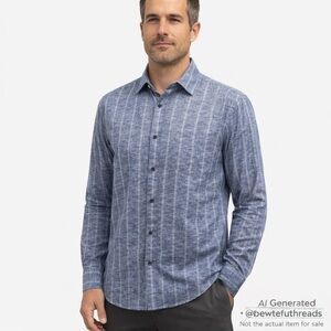 Diesel Men’s Medium Blue Grey Striped Button-Up Shirt 100% Cotton